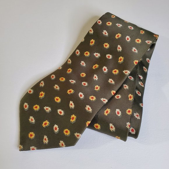 Lanvin Paris silk necktie tie olive floral cream red luxury classic